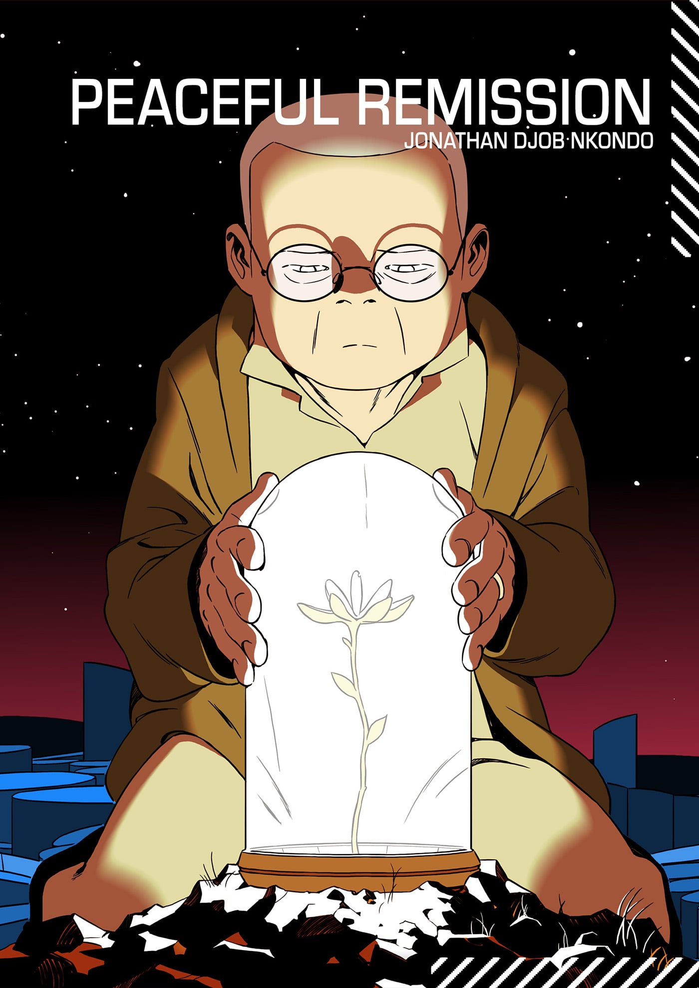 A person with glasses holds a glowing glass dome encasing a white flower, set against a dark, geometric background with the text "Peaceful Remission" and "Jonathan Djob Nkondo.
