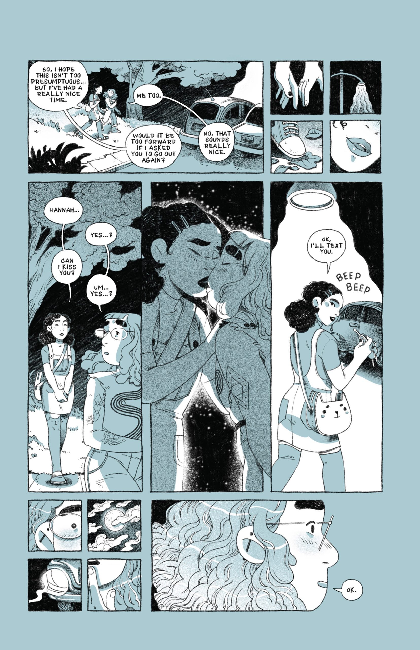 A comic page shows two people talking and sharing a kiss under the stars while another person watches from afar, looks sad, and walks away after receiving a text message.