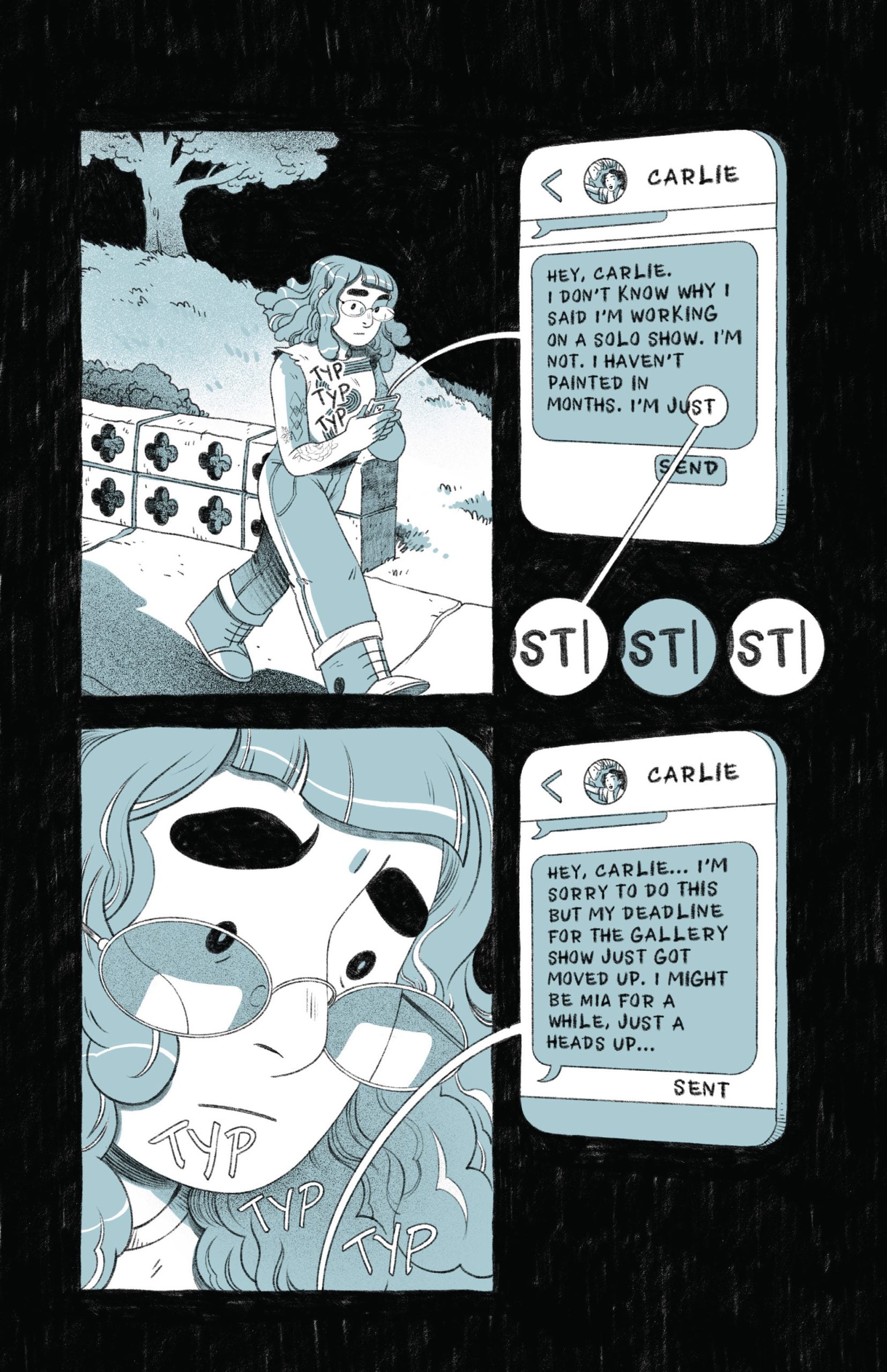 A woman receives messages on her phone from "Carlie" explaining why she hasn't painted in months and warning a gallery deadline was moved up. She looks worried as she reads the texts.