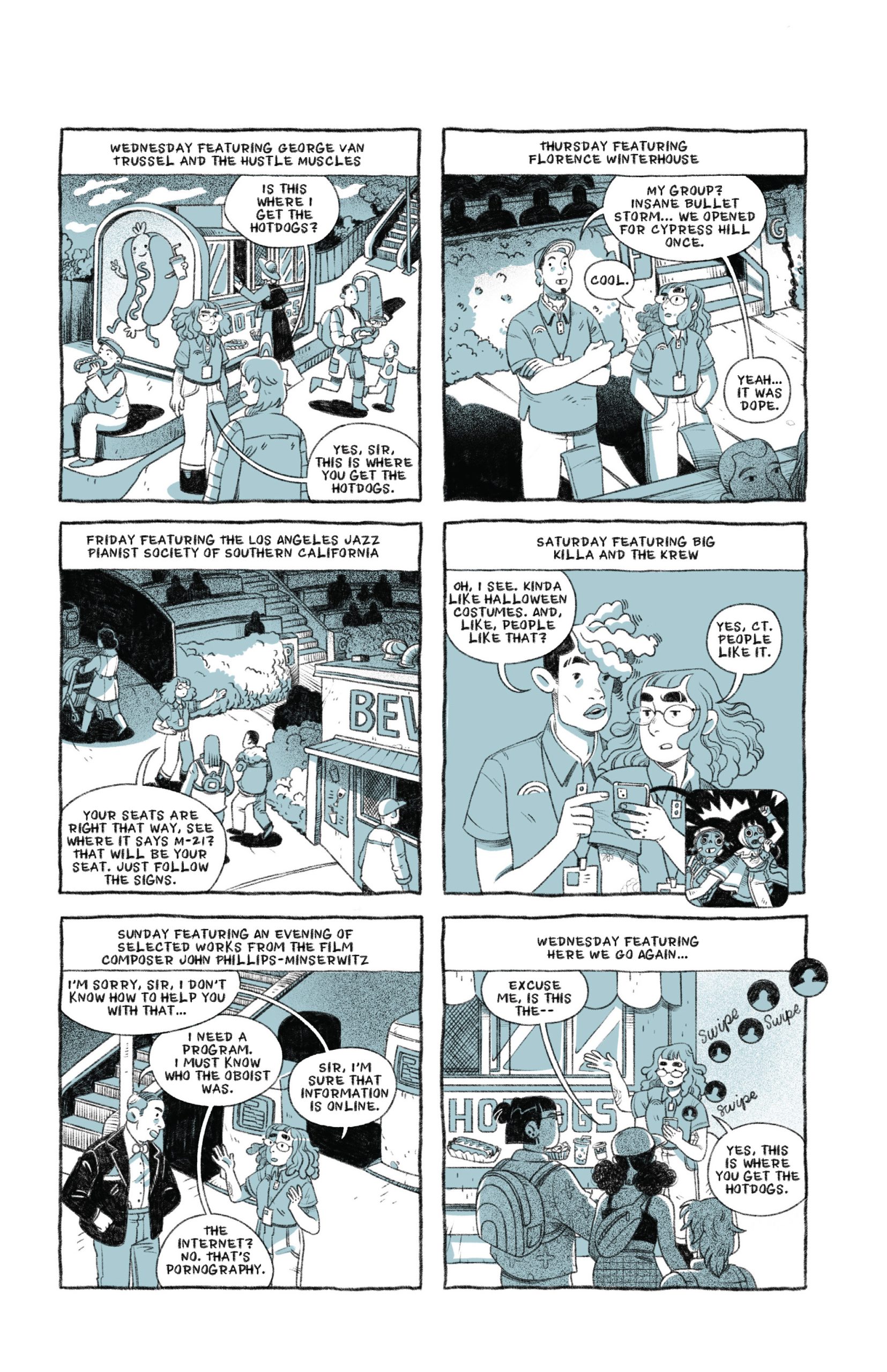 A six-panel comic shows various jazz festival events over a week, featuring conversations between attendees about the musicians and performances, with a blue and gray color scheme.