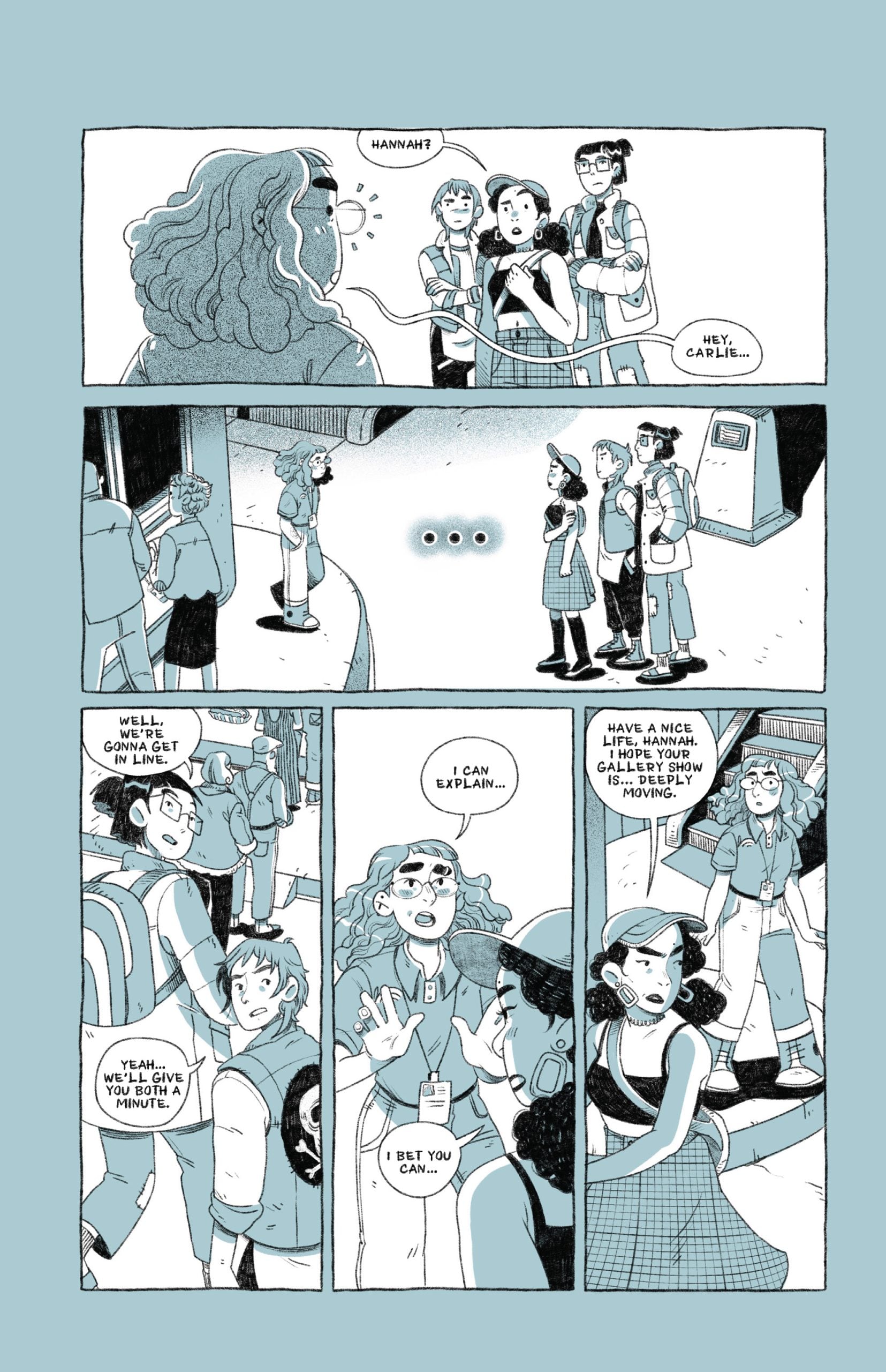 A group of students confronts a girl named Hannah outside a school building at night; tension is evident as they exchange dialogue in a comic strip format.