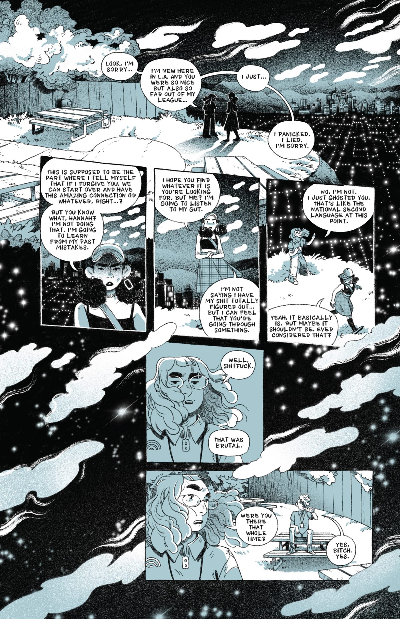 Two people talk on a snowy rooftop at night, while a woman narrates inner thoughts and a flashback shows her interaction with another woman on a bench. City lights are visible in the background.