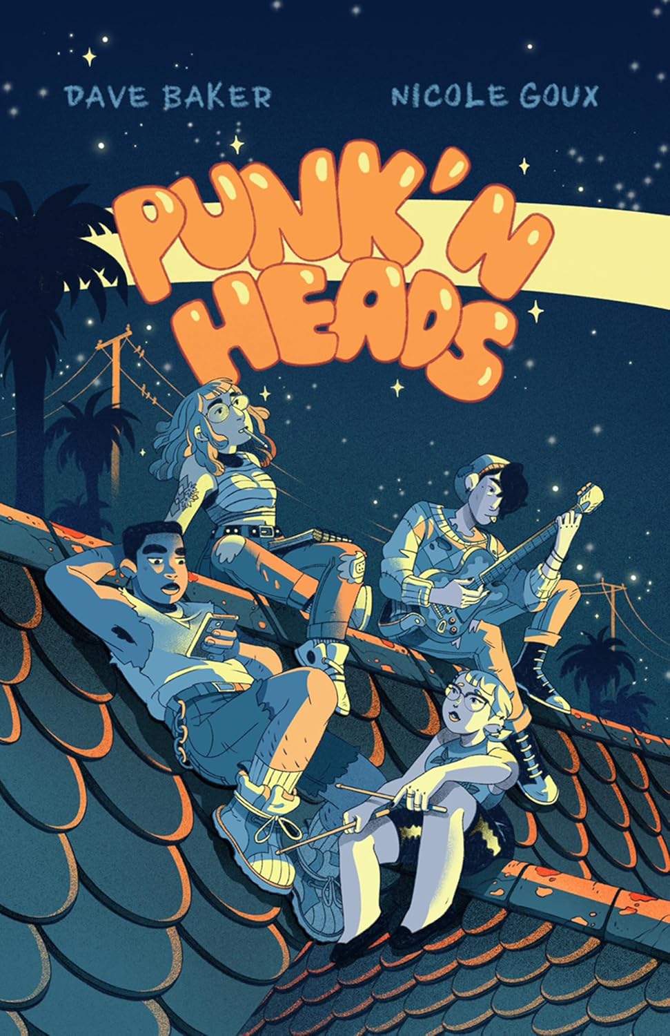 Four teenagers sit on a roof at night under a starry sky with the title "Punk 'N Heads" above them; two play musical instruments, and palm trees are visible in the background.