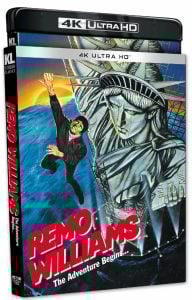 4K Ultra HD cover of "Remo Williams: The Adventure Begins" featuring an illustrated man hanging from the Statue of Liberty’s face with dramatic lighting in the background.