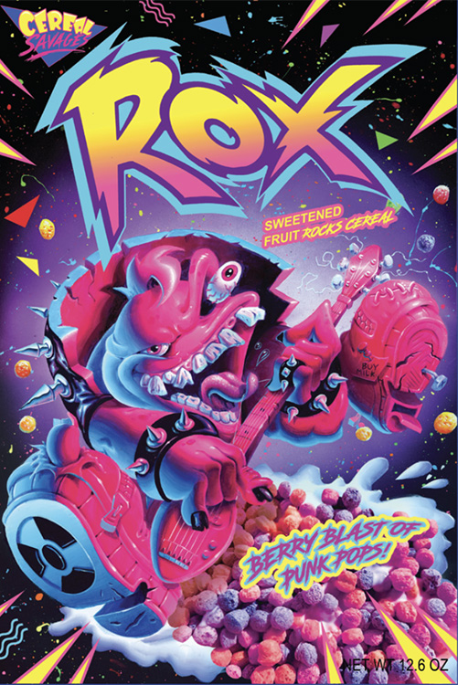 Colorful cereal box featuring a cartoon monster playing an electric guitar, with purple and pink cereals and the text "ROX Sweetened Fruit Rocks Cereal" and "Berry Blast of Punk Pops!.