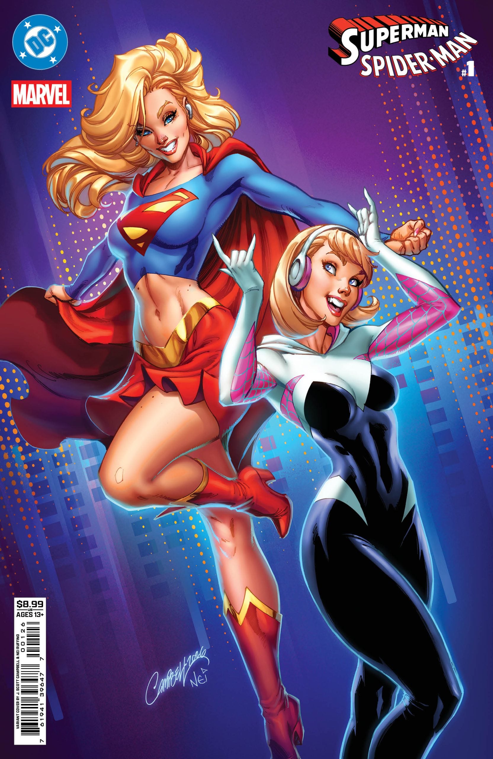 Comic book cover featuring Supergirl from DC and Spider-Gwen from Marvel posing together against a colorful, abstract background. The title reads "Superman Spider-Man.