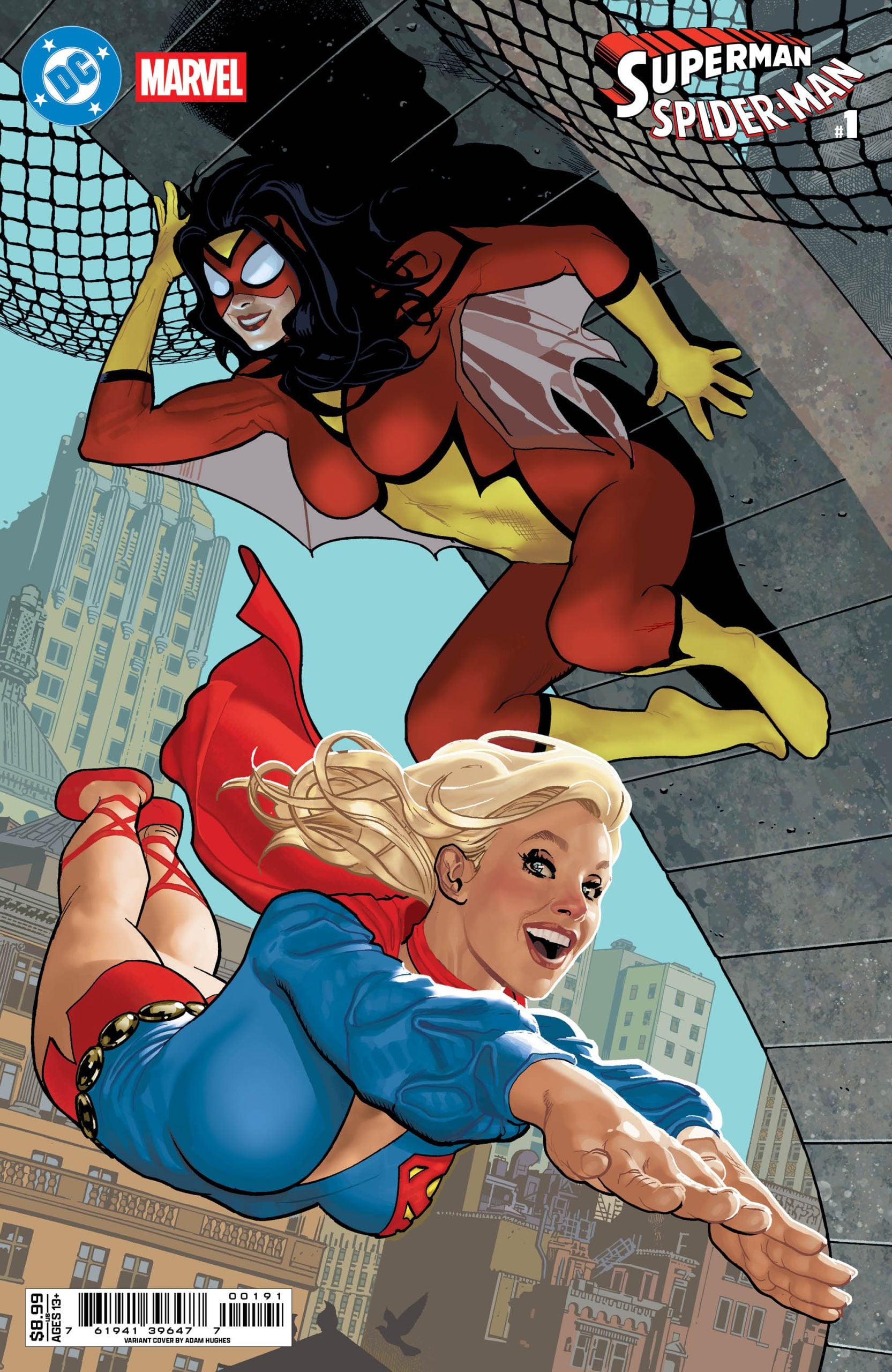 Supergirl and Spider-Woman are flying above a cityscape, smiling, with buildings visible in the background. DC and Marvel logos are present at the top corners.