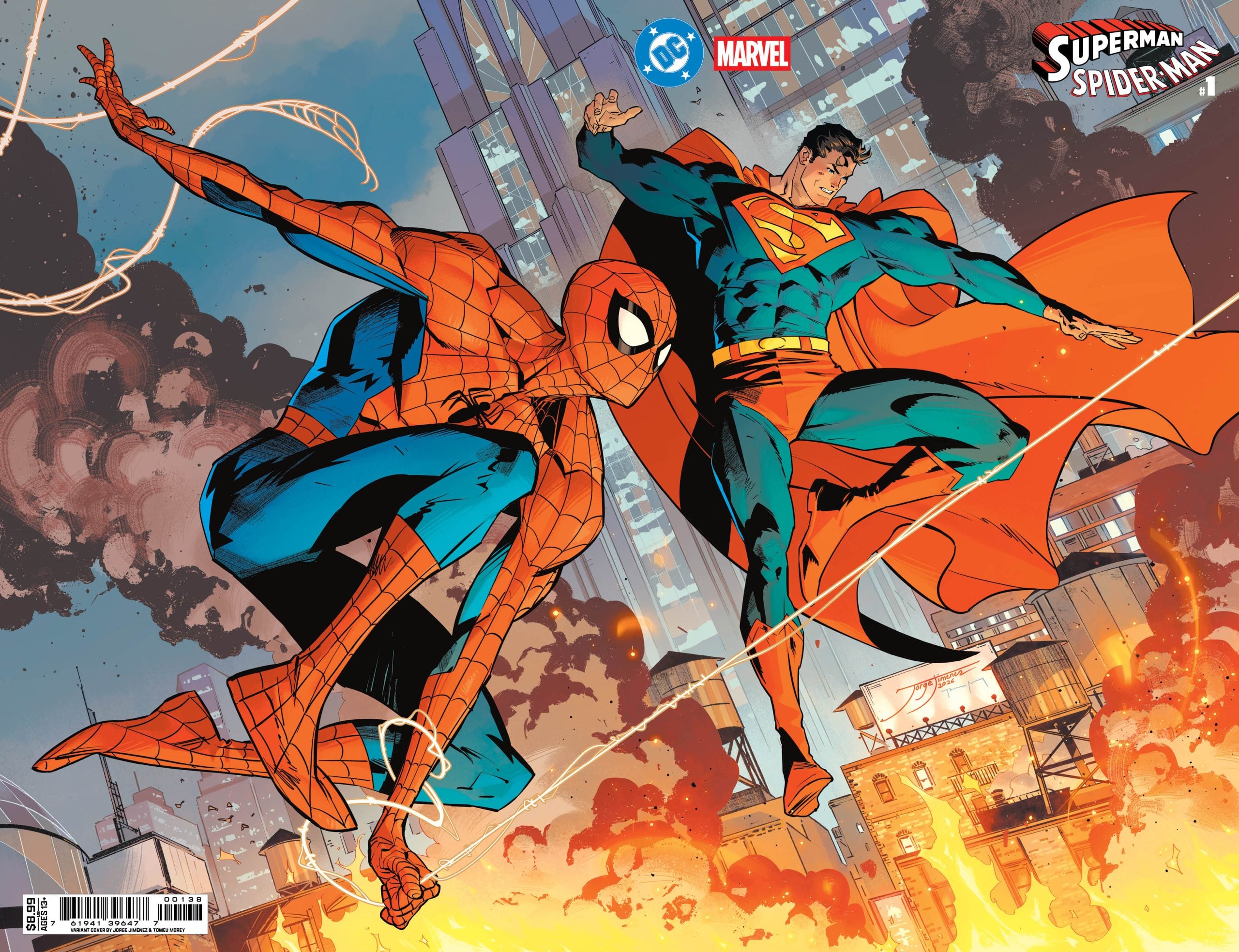Spider-Man and Superman swing and fly over a city on fire, with DC and Marvel logos visible in the background.