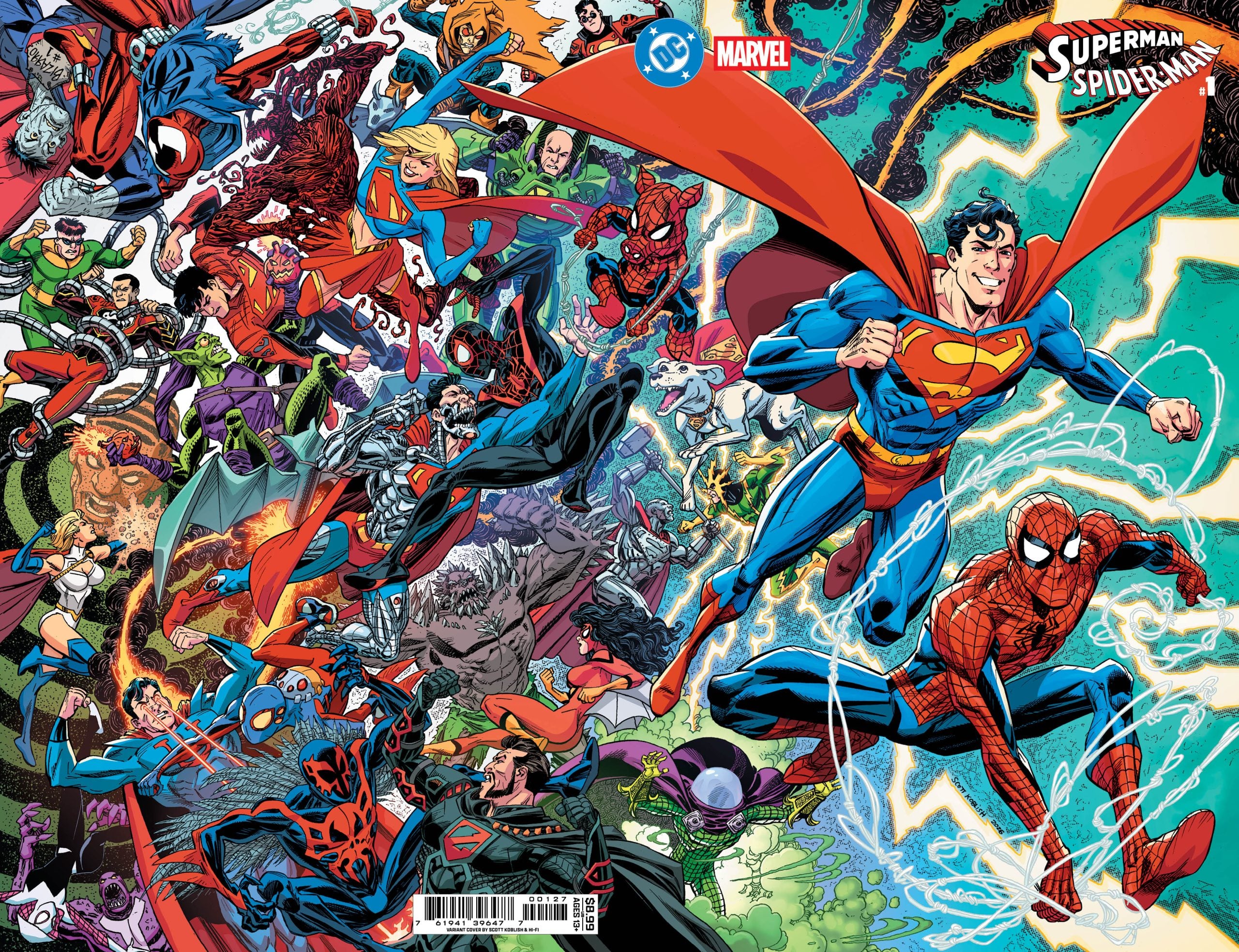 Illustration of Superman and Spider-Man leading a group of DC and Marvel superheroes and villains in a dynamic, action-packed comic book scene.
