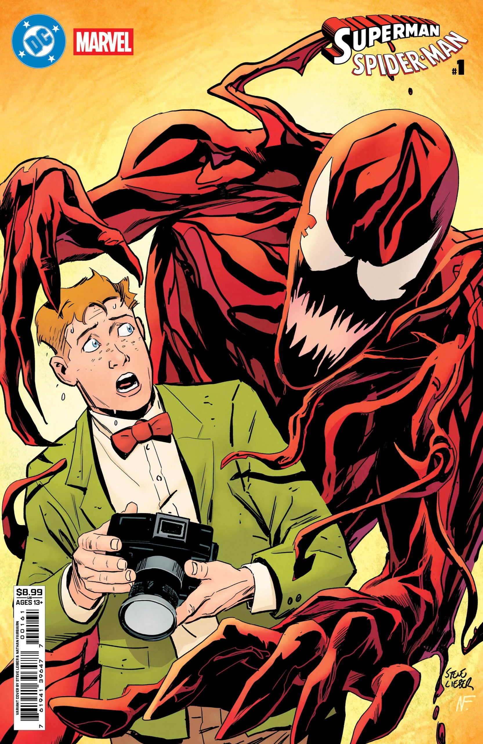 A frightened man holding a camera is confronted by a large, red, monstrous creature on a comic book cover titled "Superman Spider-Man.