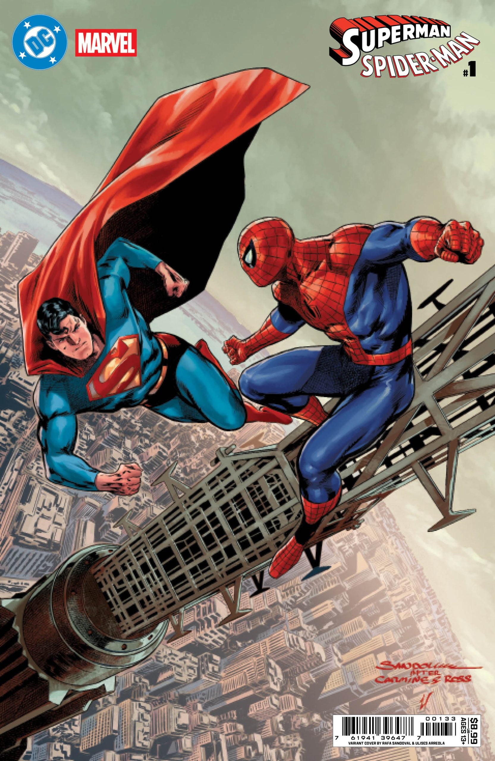 Superman and Spider-Man hover above a city skyline near the top of a skyscraper; comic book cover features DC and Marvel logos.