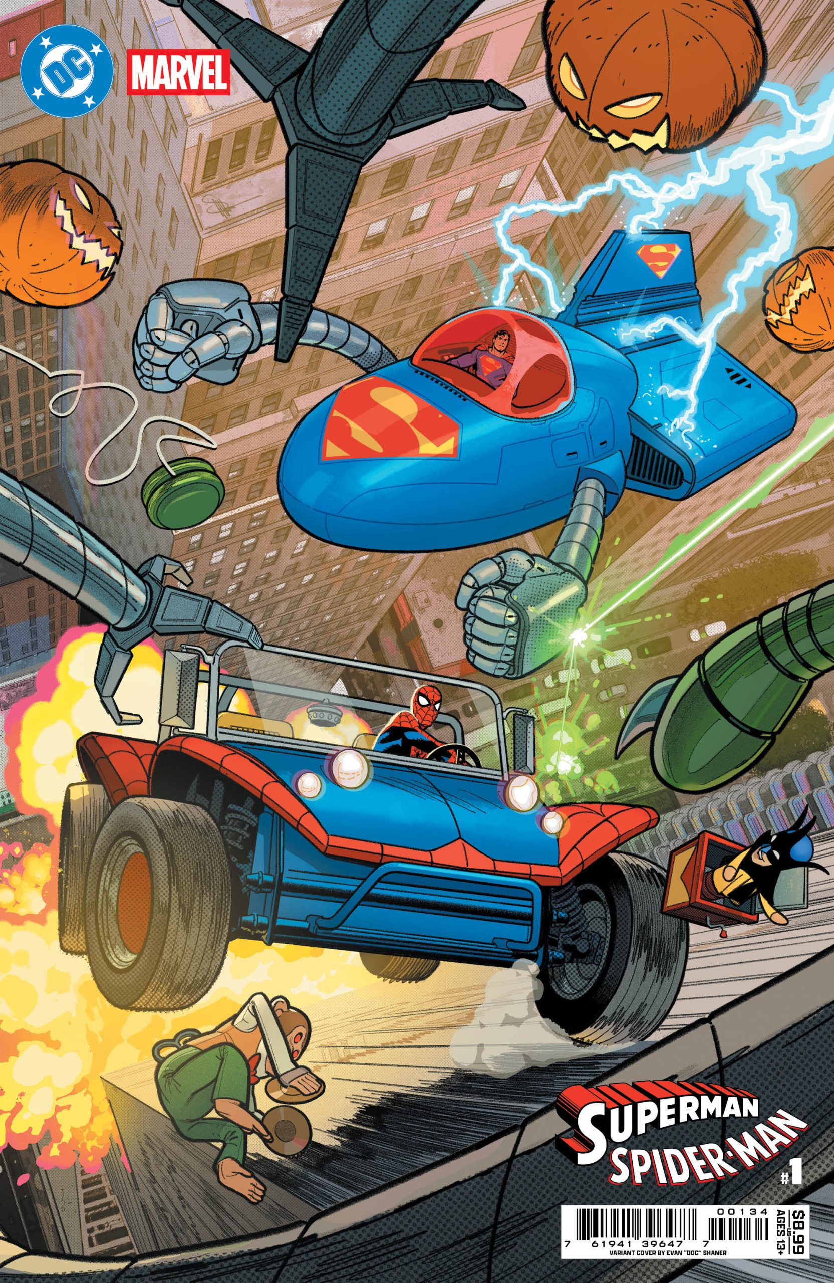 Comic book cover shows Spider-Man driving a dune buggy with Superman flying above in a jet, dodging pumpkin bombs and robotic arms in a cityscape.