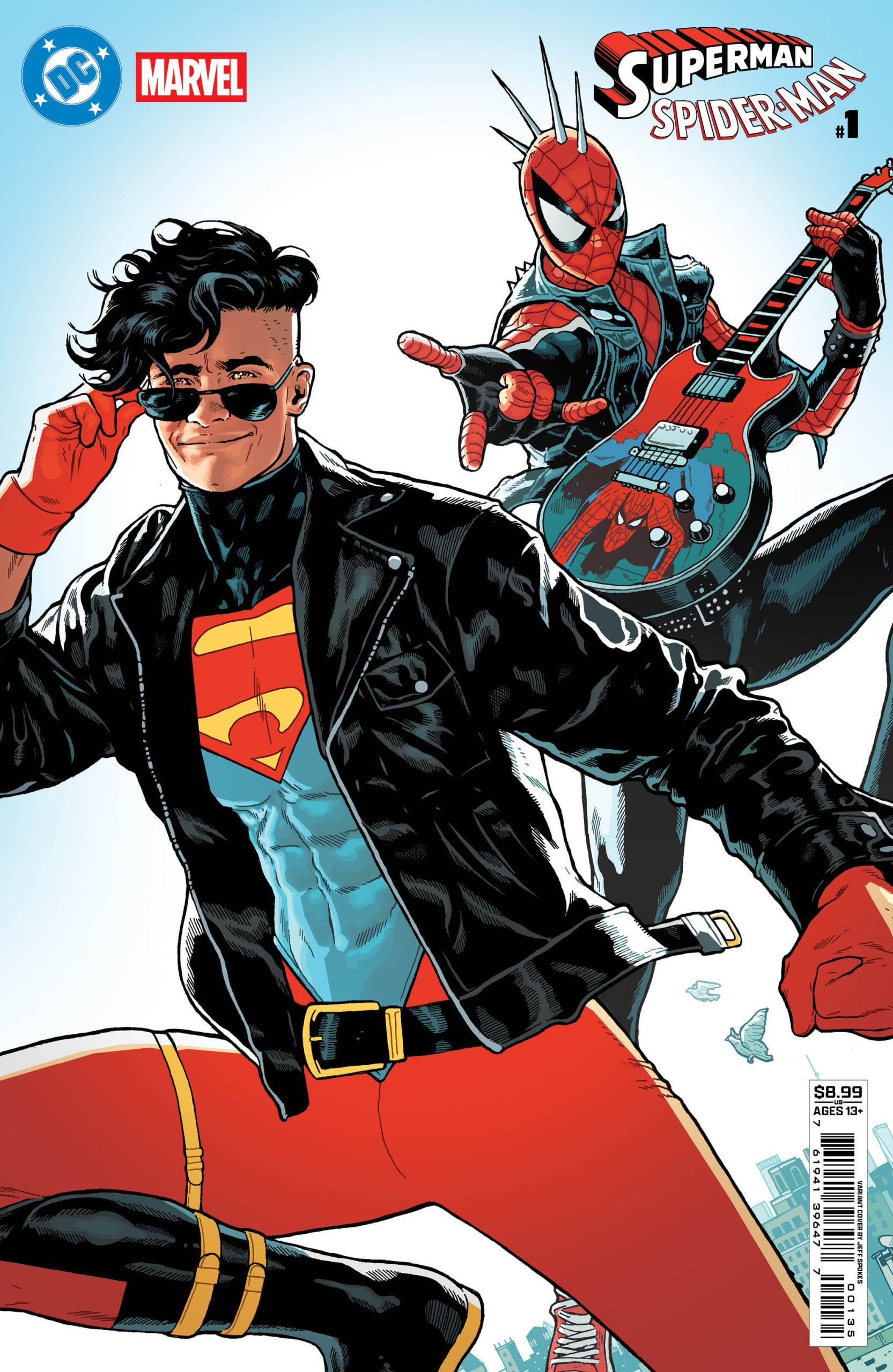 Comic book cover featuring Superman in a leather jacket and Spider-Man playing an electric guitar, with logos for DC and Marvel in the top corners.