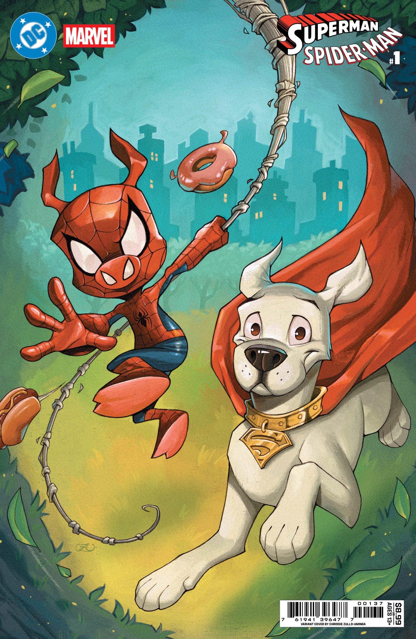 Illustrated comic cover showing Spider-Ham swinging on a web holding donuts, alongside Superman's dog Krypto flying with a red cape and city skyline in the background.