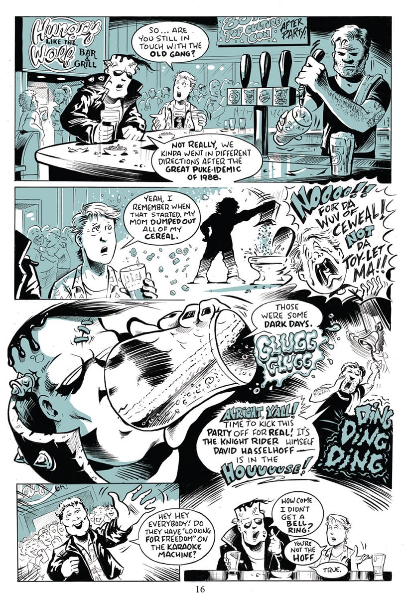 A black-and-white comic page set in a bar, with characters talking, drinking beer, and reacting to the announcement that David has arrived, causing excitement among patrons.