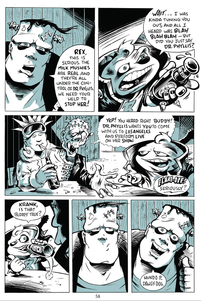 A black-and-white comic page shows anthropomorphic animals conversing; one asks Rex for help, mentioning Dr. Phyllis, Los Angeles, and a music band under mind control.