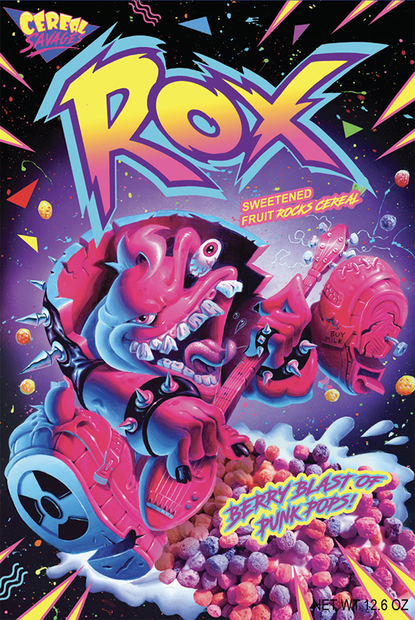 Colorful cereal box features a pink rockstar creature playing a guitar, surrounded by vibrant fruit cereal pieces and bold text reading "ROX Sweetened Fruit Rocks Cereal.