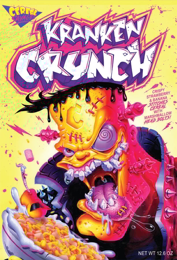 A cartoon Frankenstein monster with pink goo eats cereal from a bowl; the cereal box reads "Kranken Crunch" and shows bright, bold colors and playful, exaggerated details.