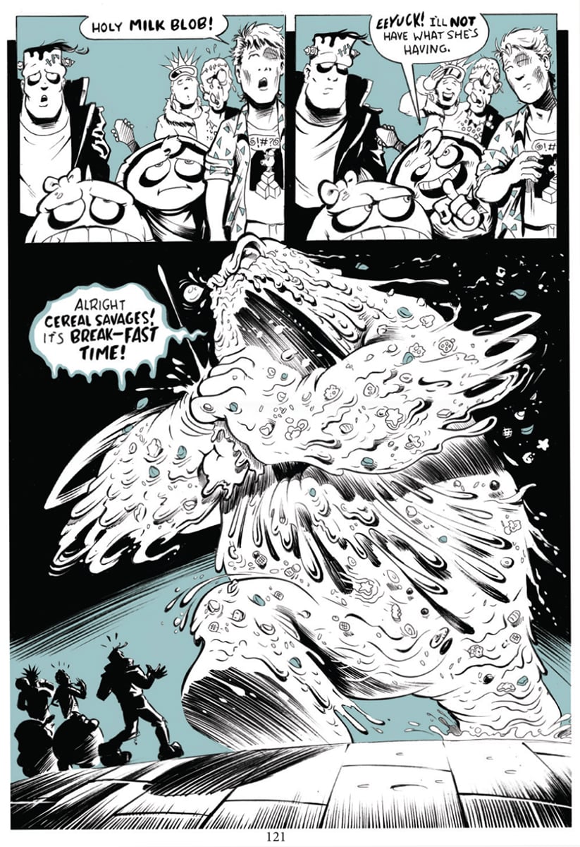 A giant milk blob monster erupts dramatically in front of shocked onlookers, as one character jokes about breakfast.