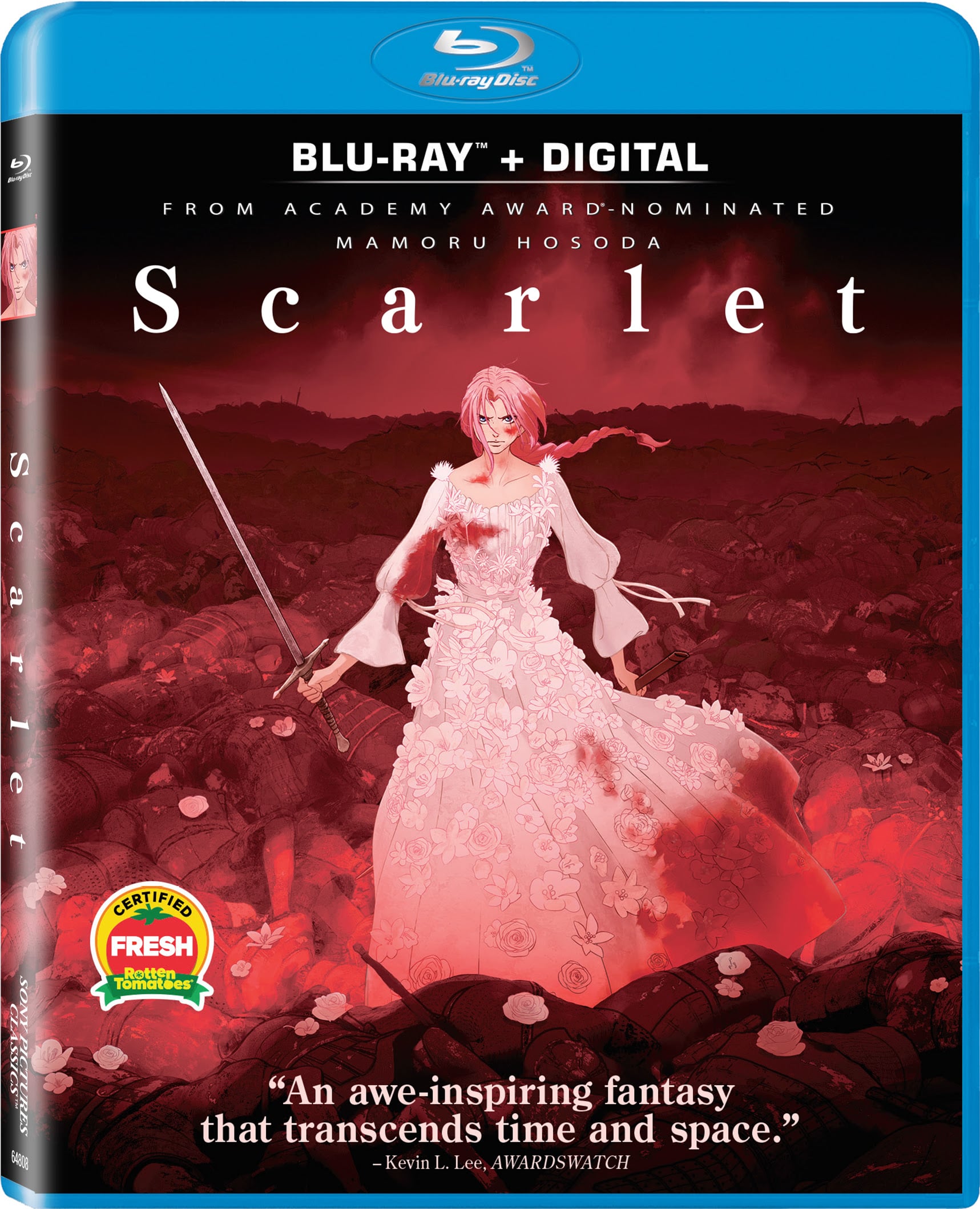 Blu-ray cover for "Scarlet" featuring an illustrated woman in a flowing white dress holding a sword, standing in a red-tinted field with a cloudy sky.