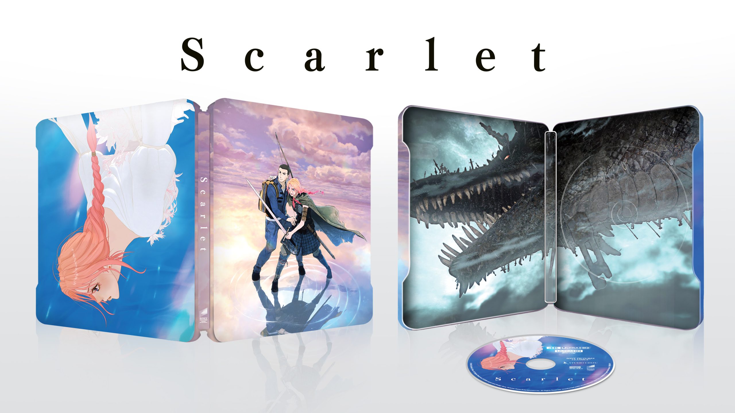 Steelbook case and disc for "Scarlet" shown open and closed; features anime-style characters, a dragon, and the title displayed above.