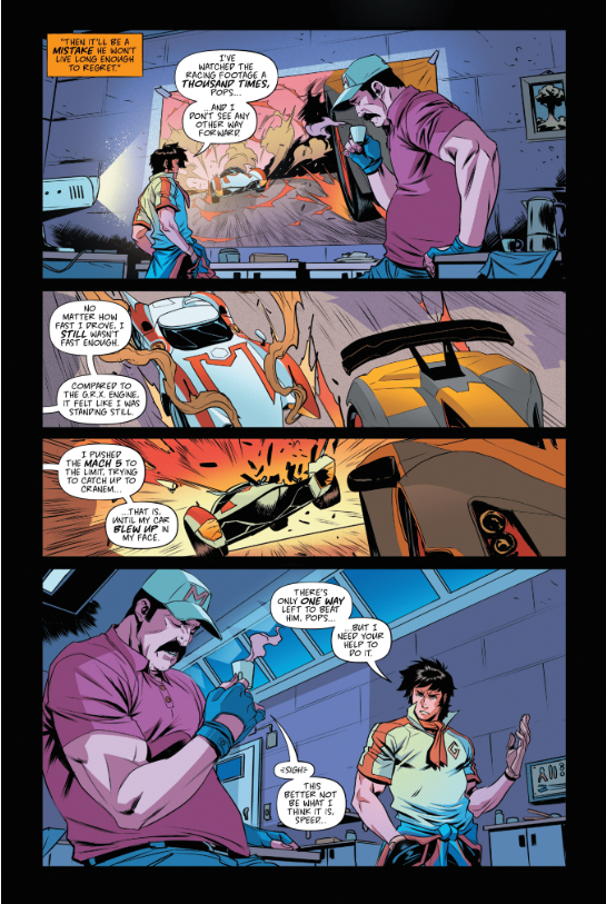 A man in a cap discusses a car engine with a younger man in a workshop; tools and car parts are visible around them. Comic-style artwork with speech bubbles.