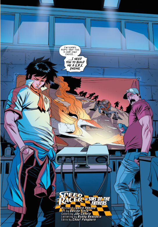Two men stand in a modern room with a fiery car crash image on a screen behind them. One man asks the other to build a race engine. "Speed Racer: Sins of the Fathers" title is shown below.
