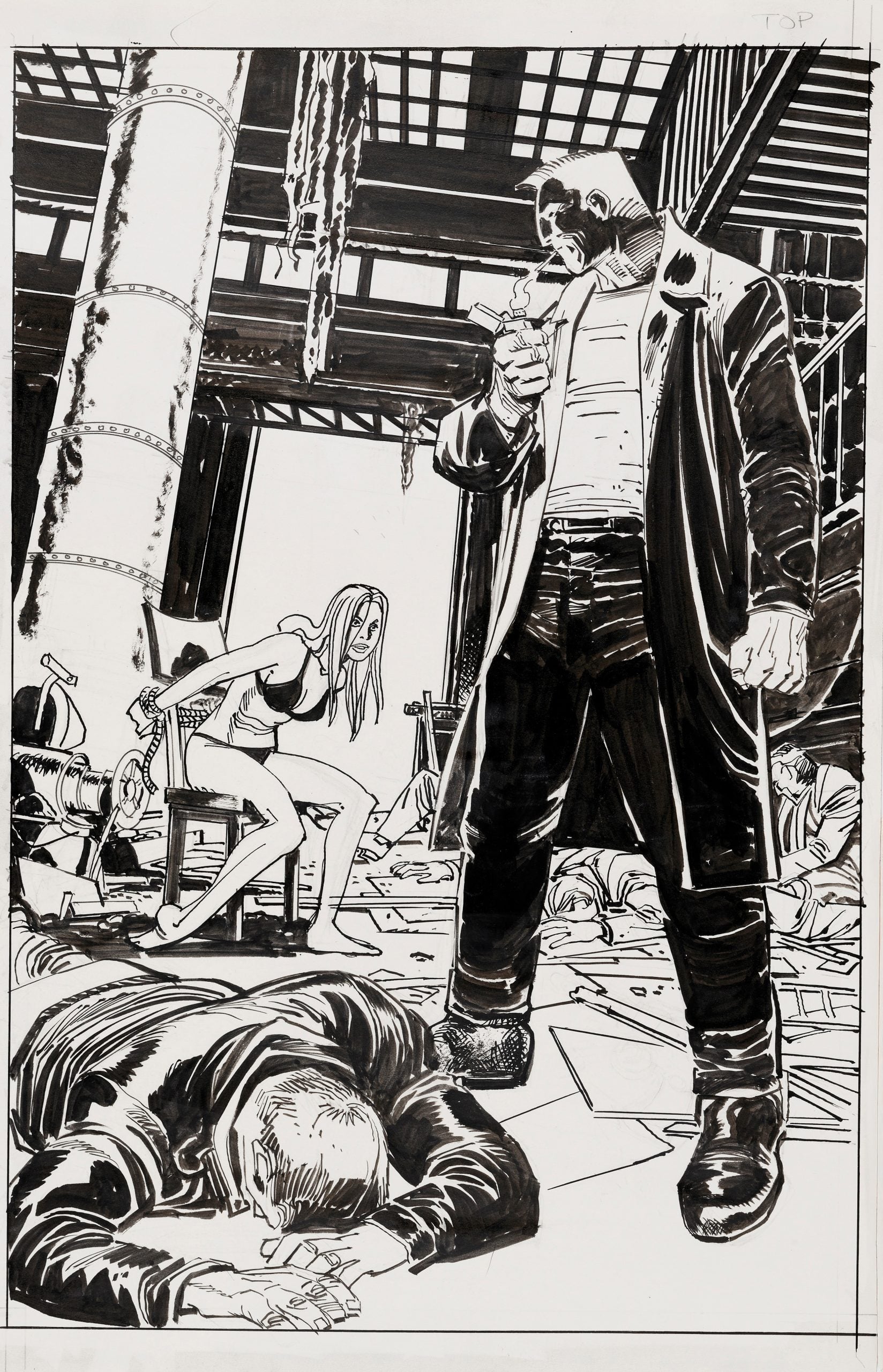 A man in a long coat stands holding a gun in a messy warehouse, with a woman tied to a chair and several unconscious or dead bodies on the floor.