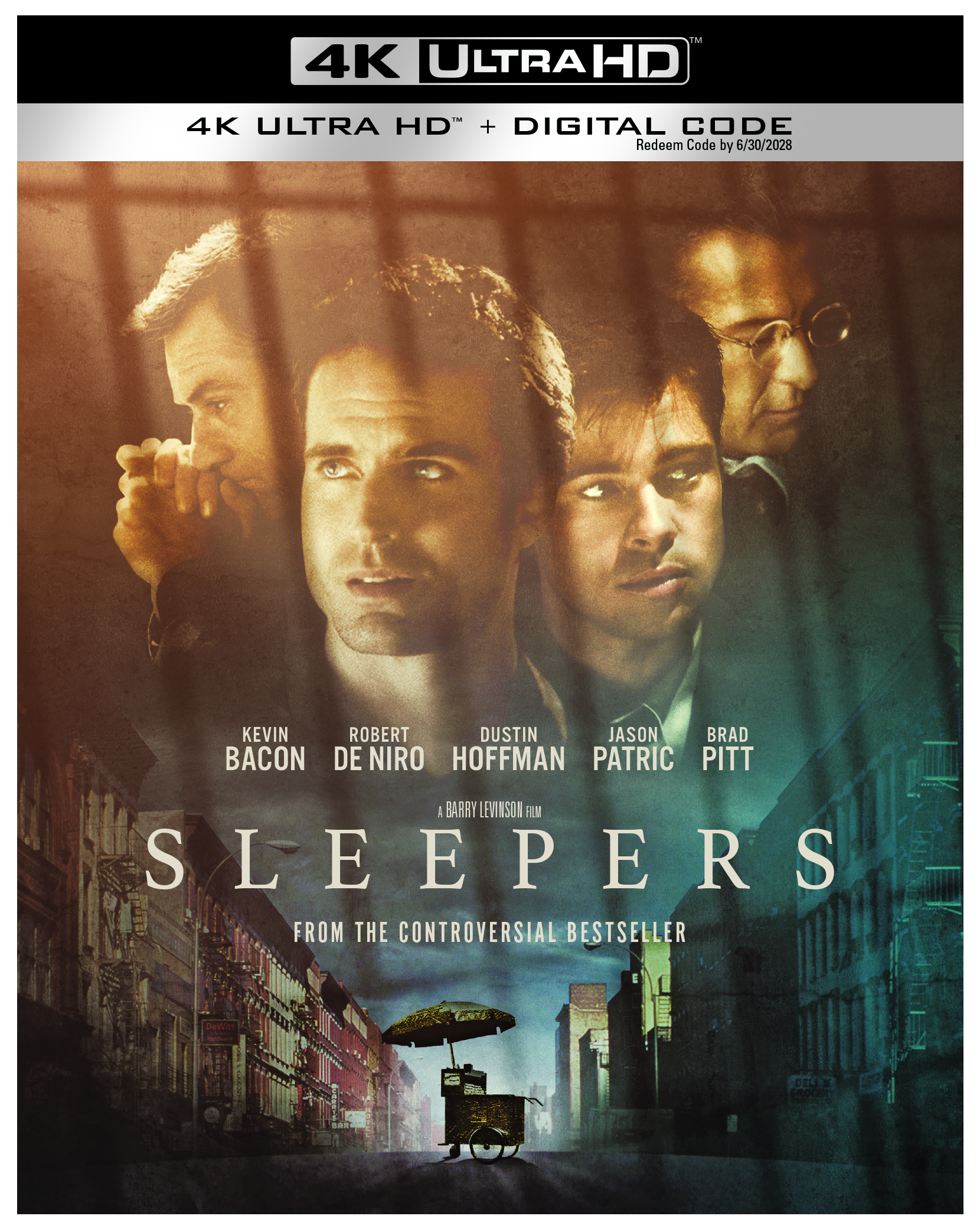 Movie cover for "Sleepers" featuring close-up images of five men above a city street, with 4K Ultra HD and digital code branding at the top.