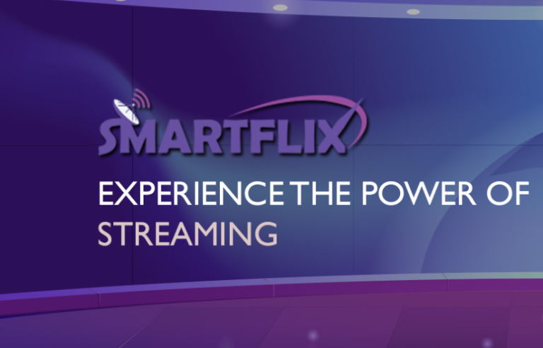 Smartflix logo with the tagline 'Experience the power of streaming' displayed on a purple and blue gradient background.