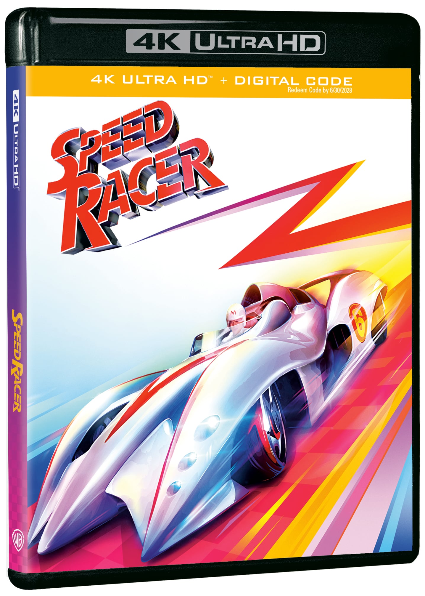 4K Ultra HD cover for "Speed Racer" featuring a stylized white race car with red accents and colorful streaks in the background.