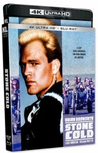 4K Ultra HD and Blu-ray cover for the movie "Stone Cold," featuring Brian Bosworth with motorcycles and bikers in the background.
