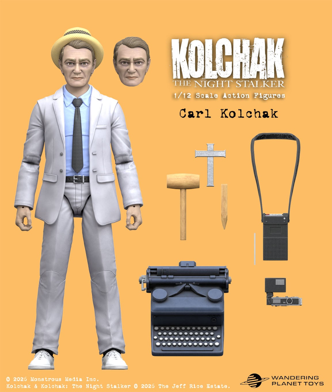 Action figure of Carl Kolchak from "Kolchak: The Night Stalker," shown with two heads, hat, cross, stake, camera, tape recorder, and typewriter on an orange background.
