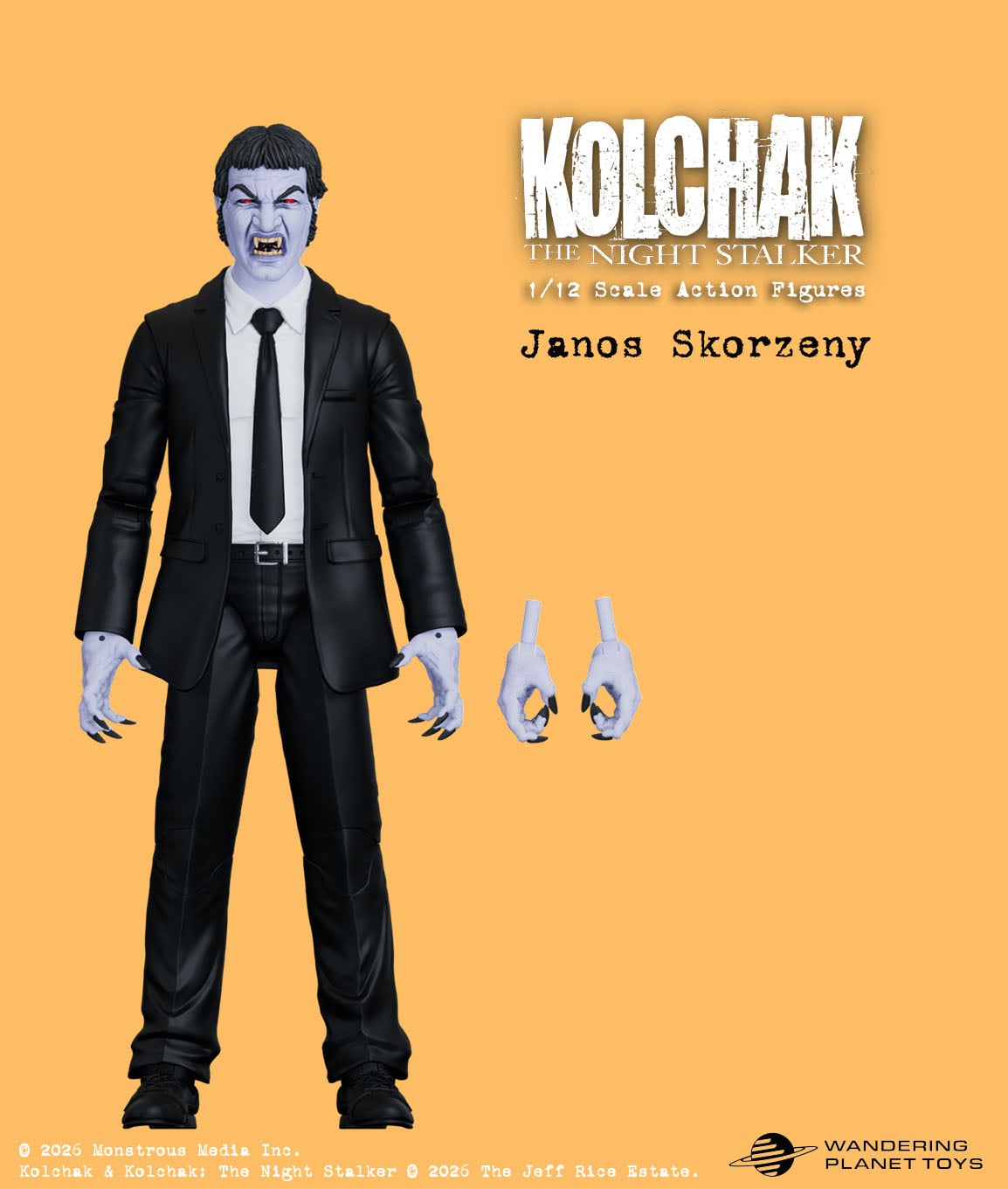 Action figure of Janos Skorzeny, a vampire in a suit and tie, with two interchangeable hands, from Kolchak: The Night Stalker, against an orange background.
