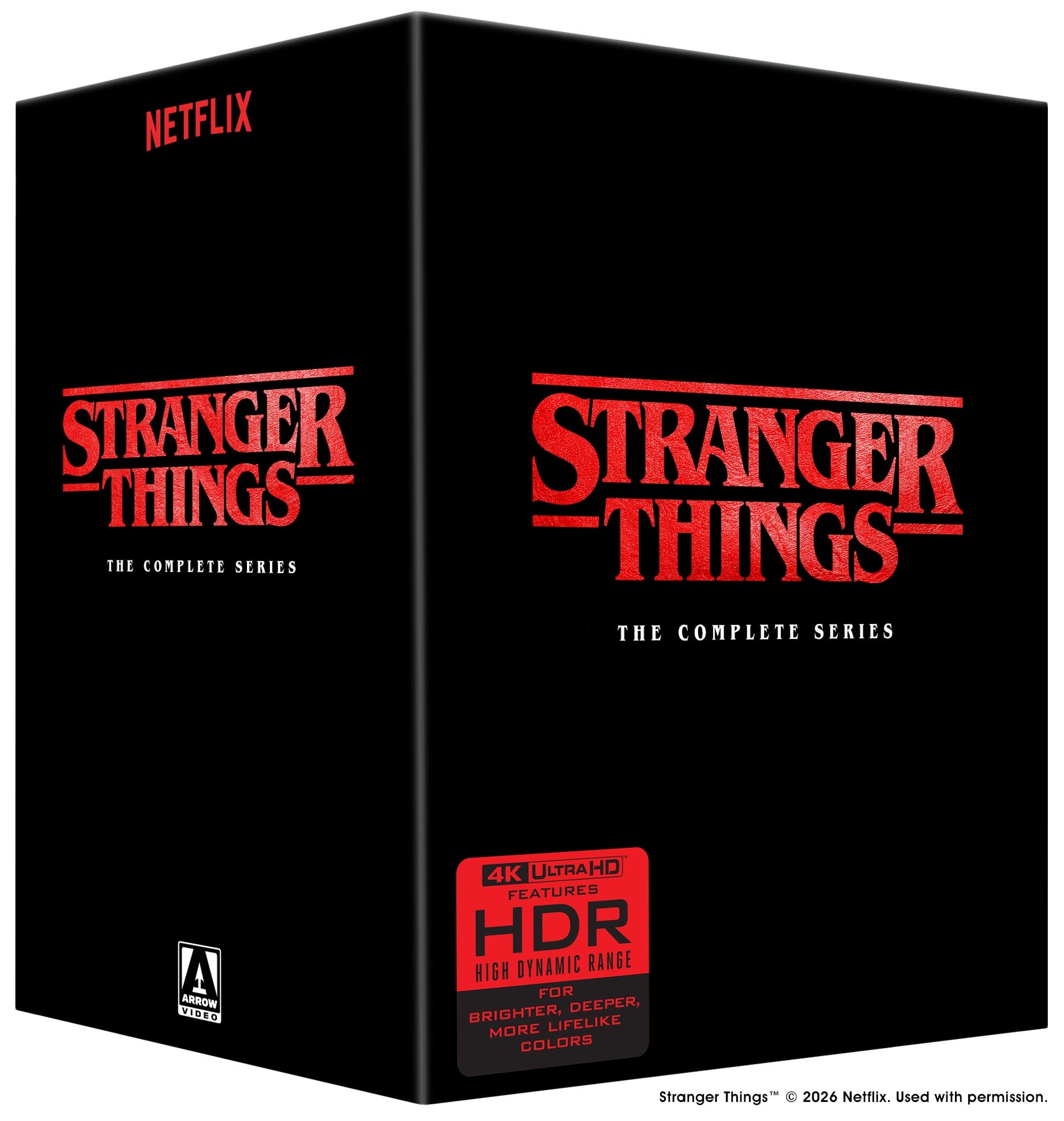 Black box set labeled "Stranger Things: The Complete Series" with red lettering, 4K Ultra HD and HDR features noted on the packaging, and the Netflix logo at the top.