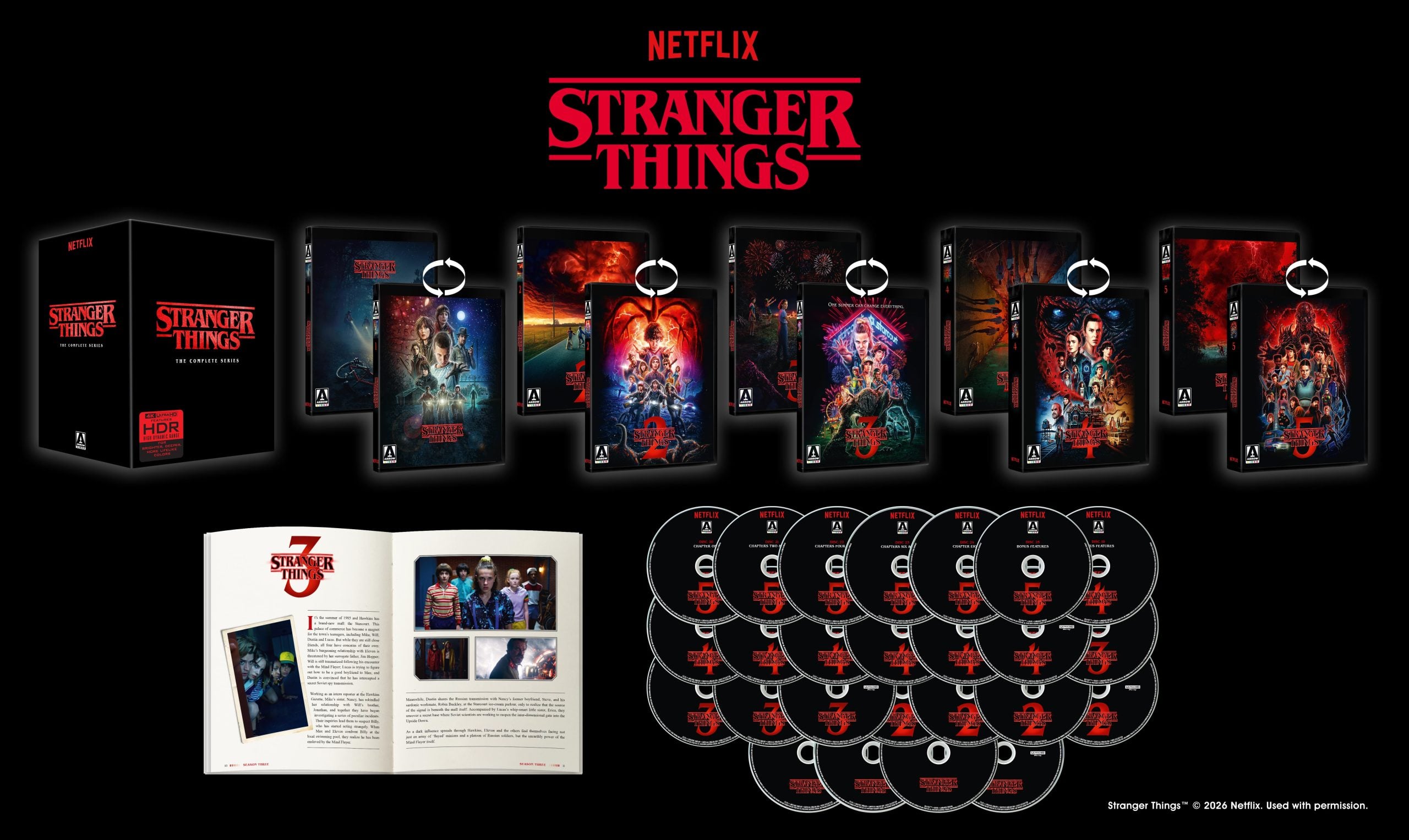 Stranger Things 4K Ultra HD Blu-ray box set with illustrated case covers, 15 discs, and a booklet displayed against a black background.