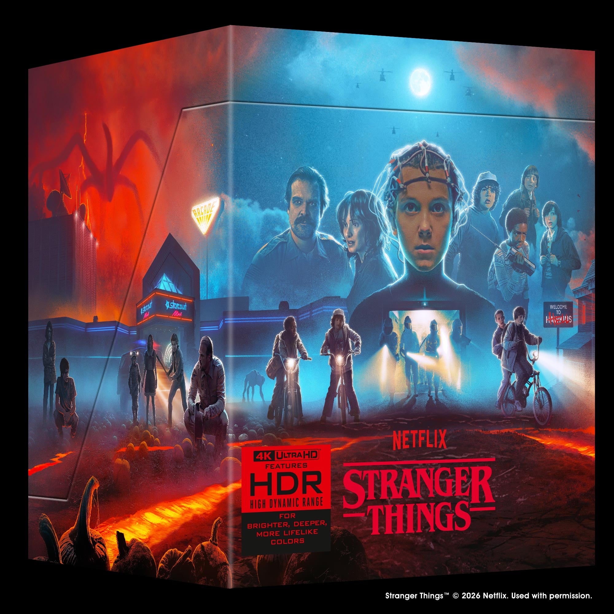 Box art for Netflix's Stranger Things 4K Ultra HD shows main characters, a Demogorgon, and ominous red sky, with neon lights and bikes, evoking a suspenseful 1980s sci-fi atmosphere.