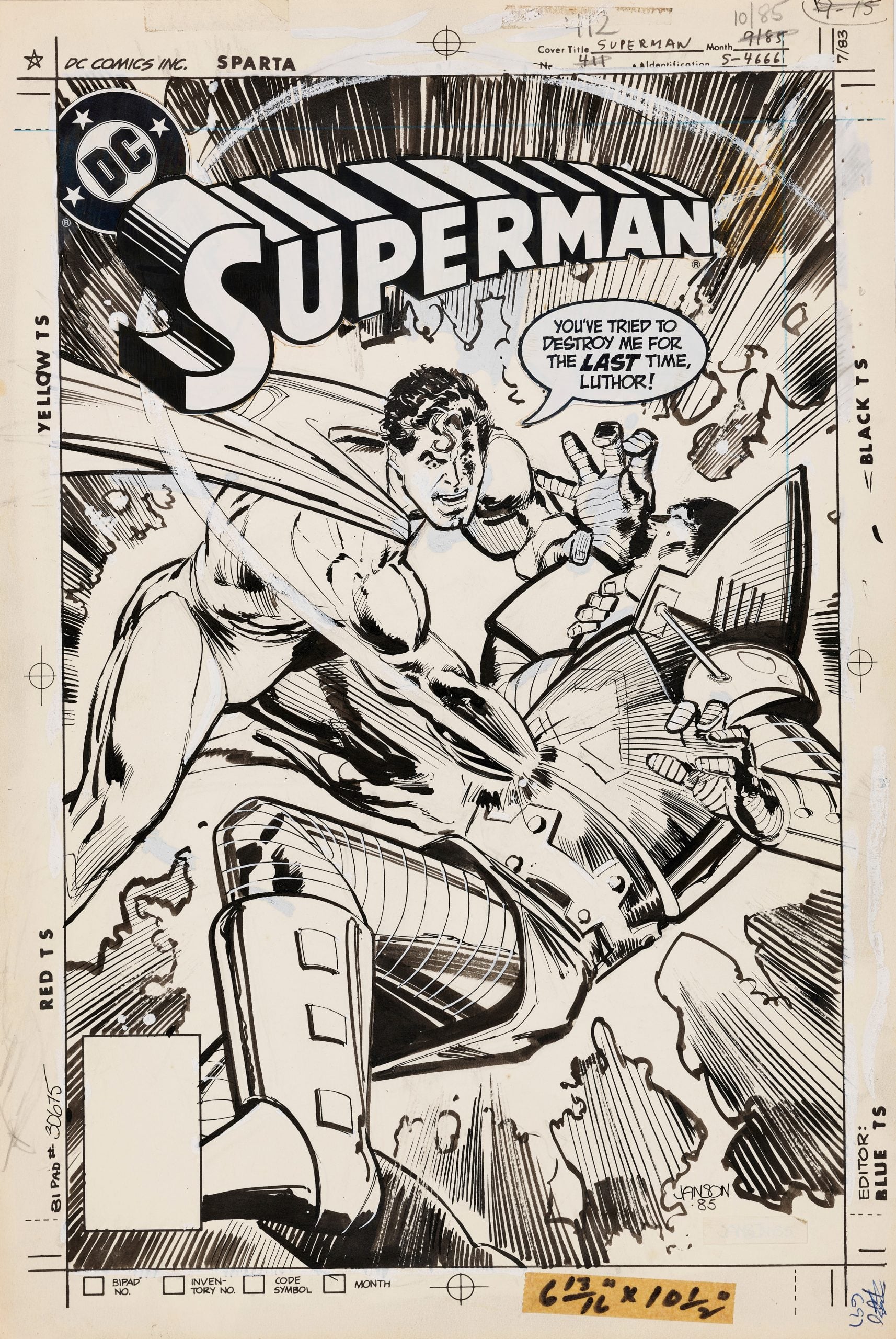 Black and white comic book cover art shows Superman in battle with Lex Luthor, who is in a robotic suit. Superman says, "You've tried to destroy me for the last time, Luthor!.