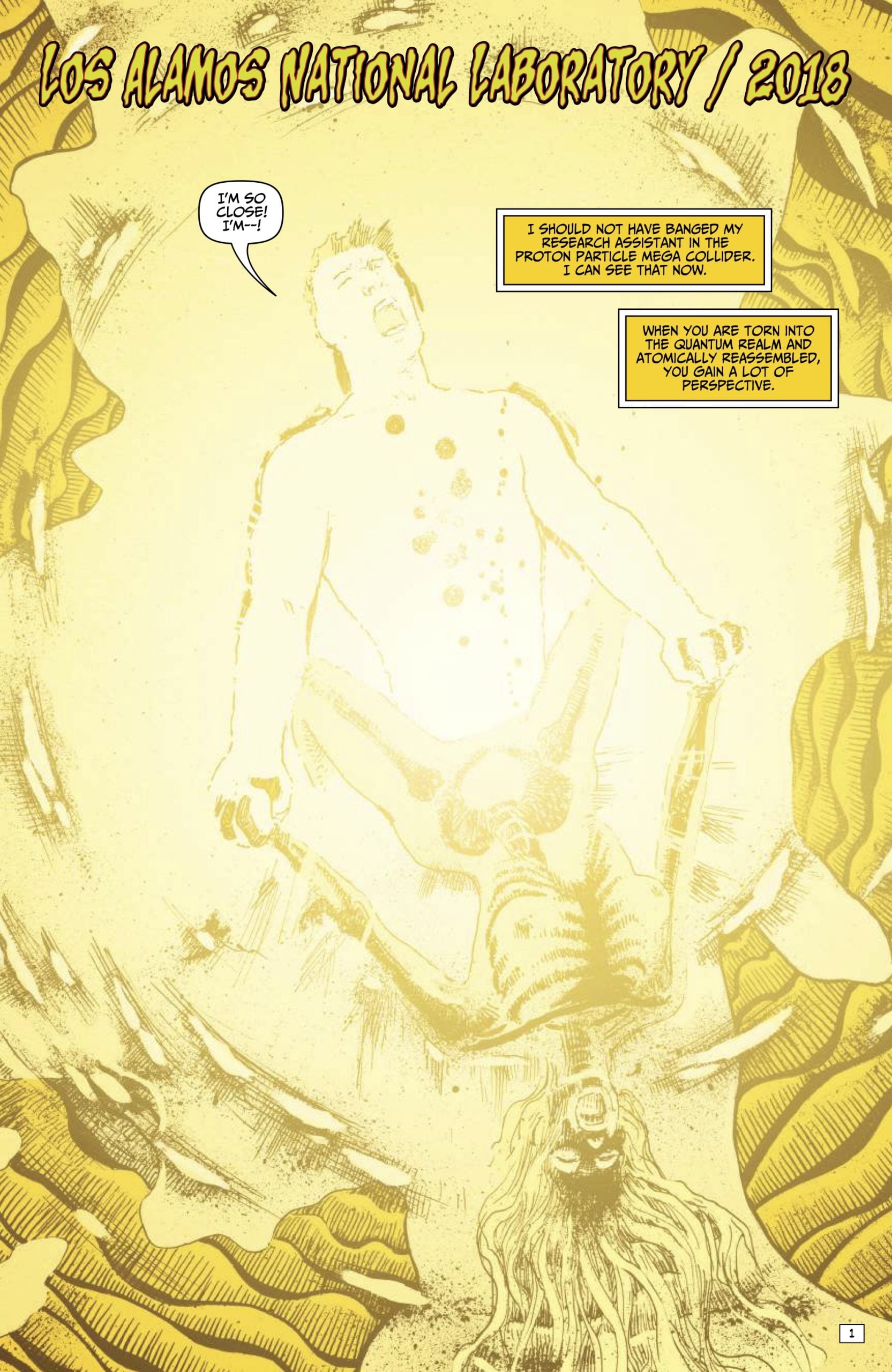 A glowing, ethereal figure floats above a distressed person, both surrounded by swirling golden energy; dialogue boxes appear in the scene.