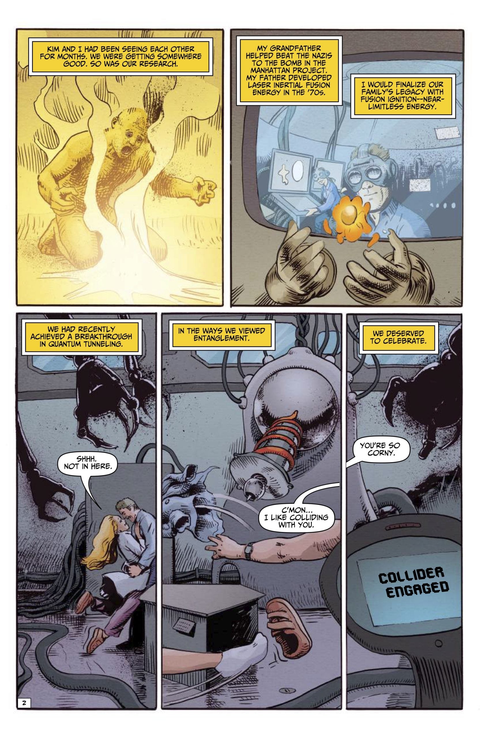 A comic page shows a scientist's memories of his grandfather, quantum experiments, a romantic couple, and a robot activating a collider with a display reading "COLLIDER ENGAGED.