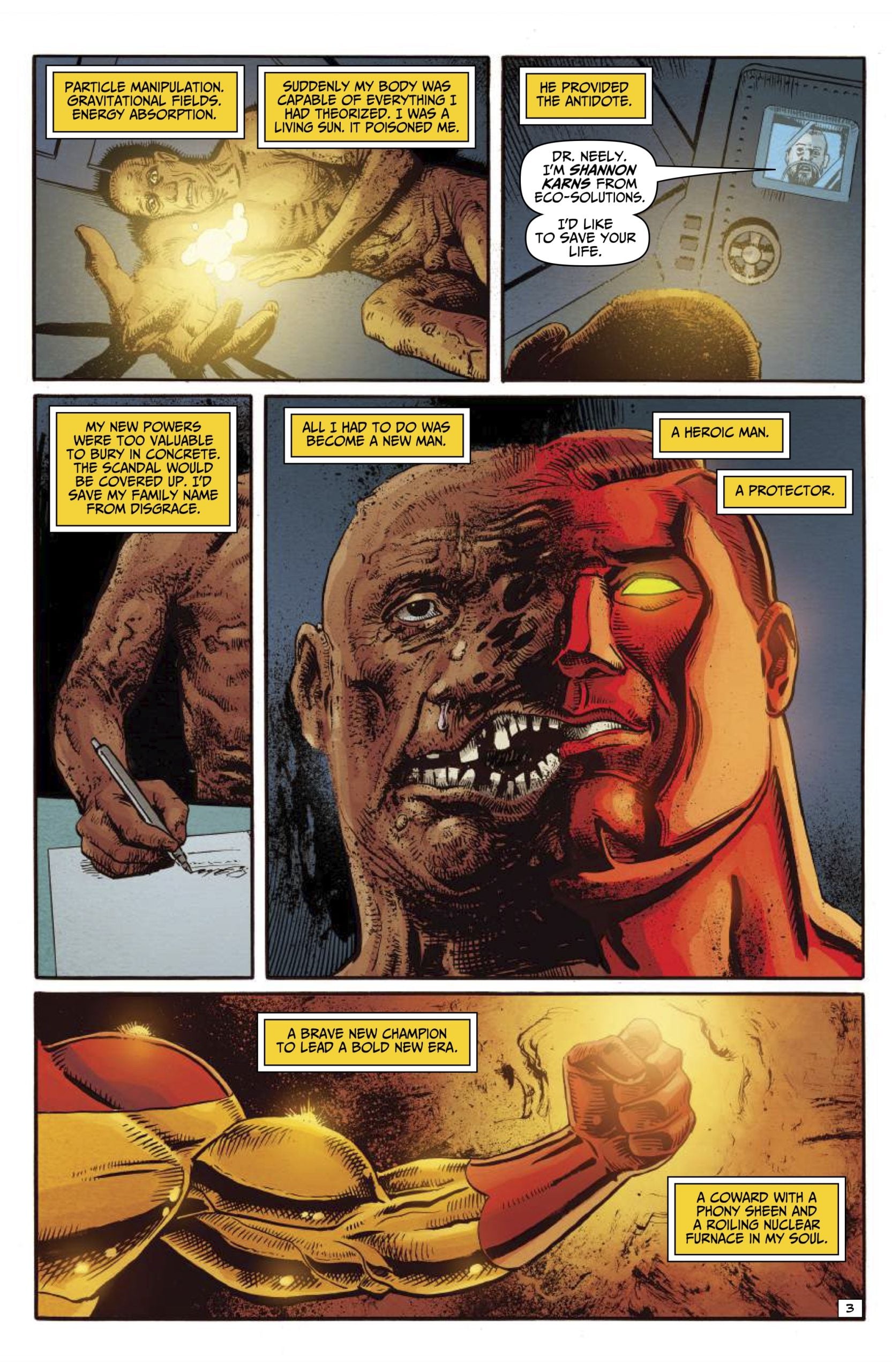 A comic book page shows a transformation sequence, where a man’s scarred face changes into a superhero's. Narration boxes describe his powers and role as a protector.