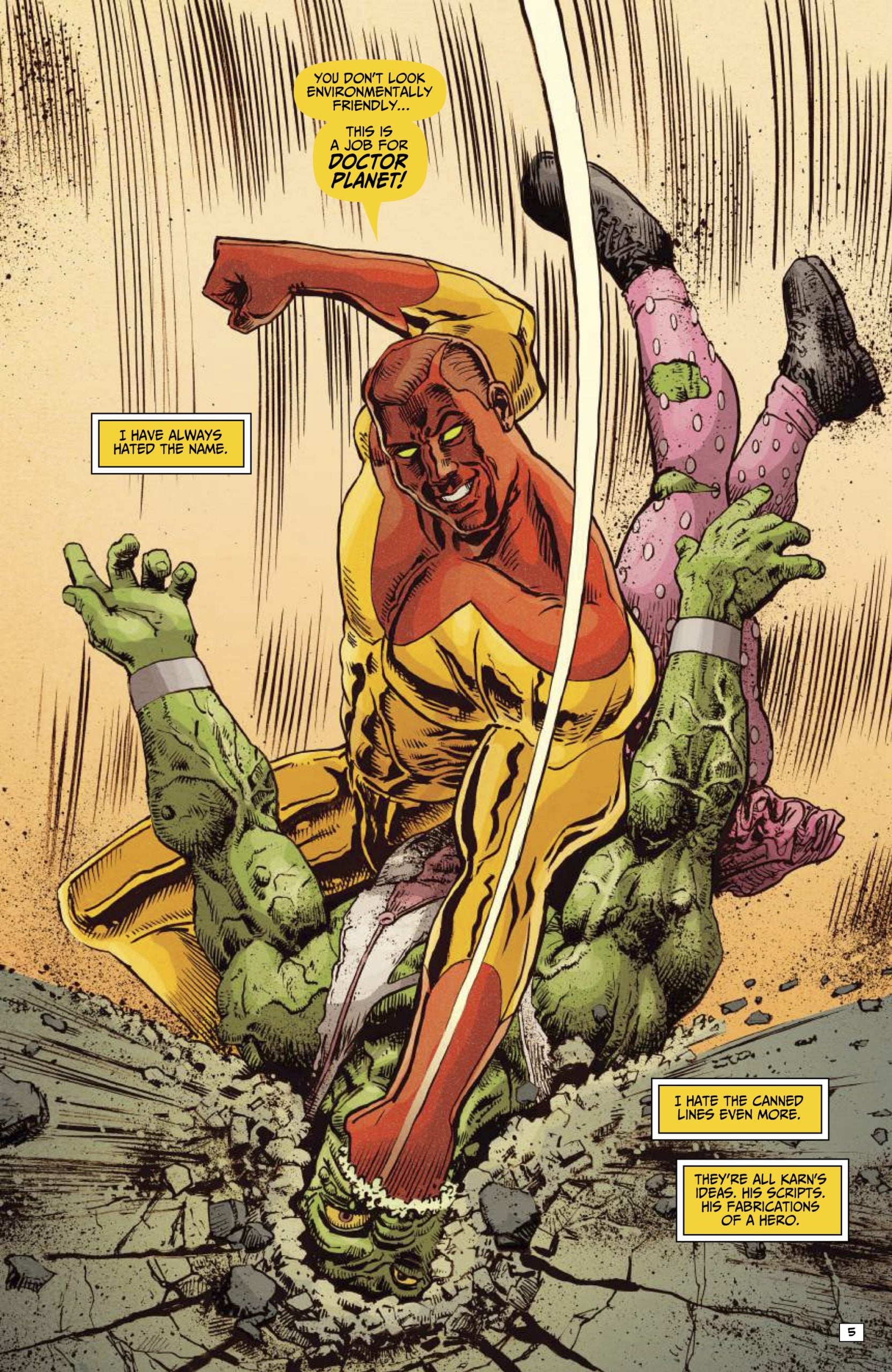 A superhero in a yellow suit slams a green-skinned figure into the ground, creating cracks; speech and narration boxes are present in the scene.