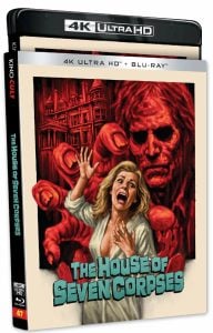 A 4K Ultra HD and Blu-ray set of "The House of Seven Corpses," featuring cover art of a frightened woman and a skeletal figure with a mansion in the background.