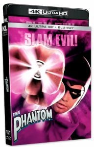 4K Ultra HD and Blu-ray case for "The Phantom" featuring the masked superhero in purple with the phrase "SLAM EVIL!" in bold letters.