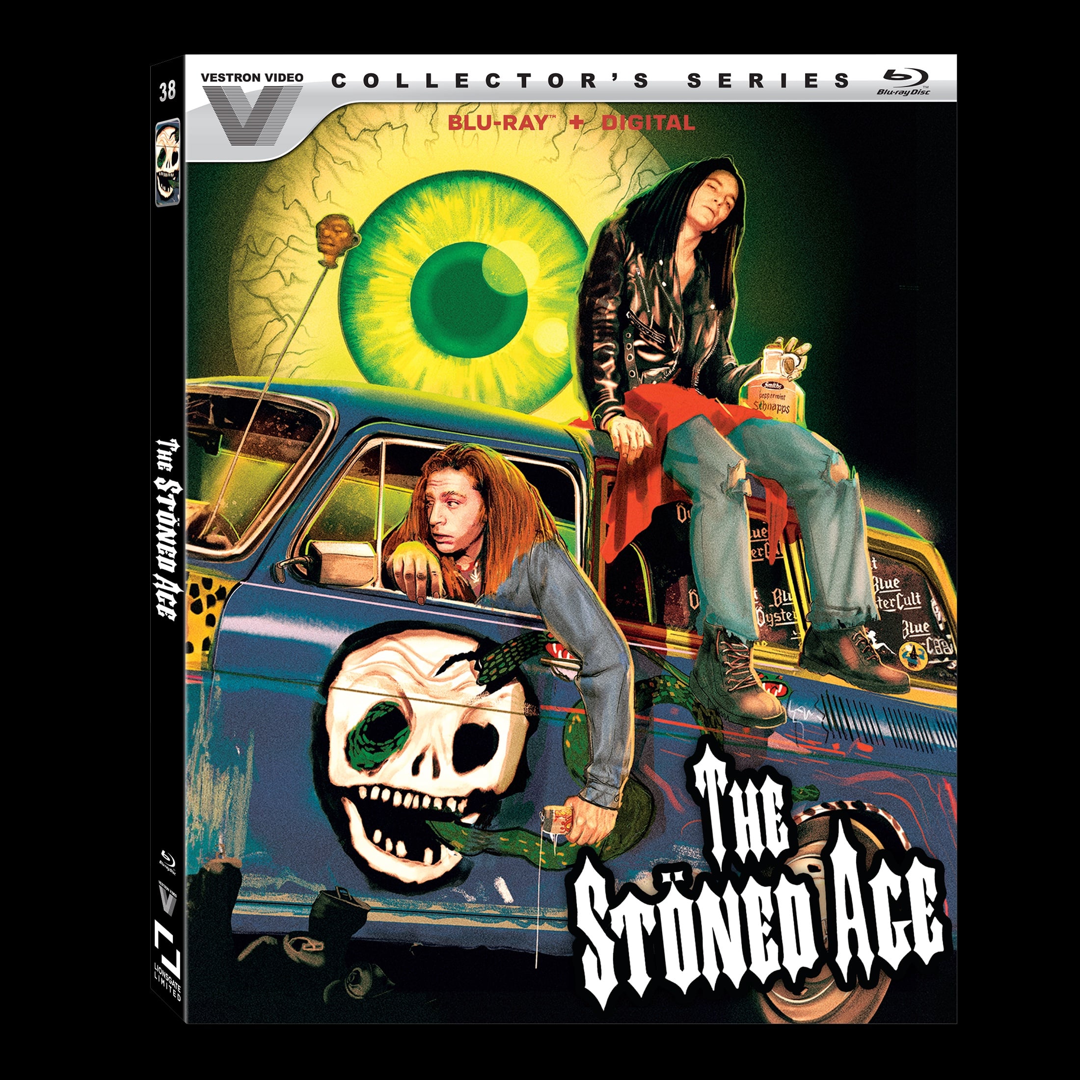 Blu-ray cover for "The Stoned Age" featuring two men sitting on a car with a skull design, against a backdrop of a large green eye.
