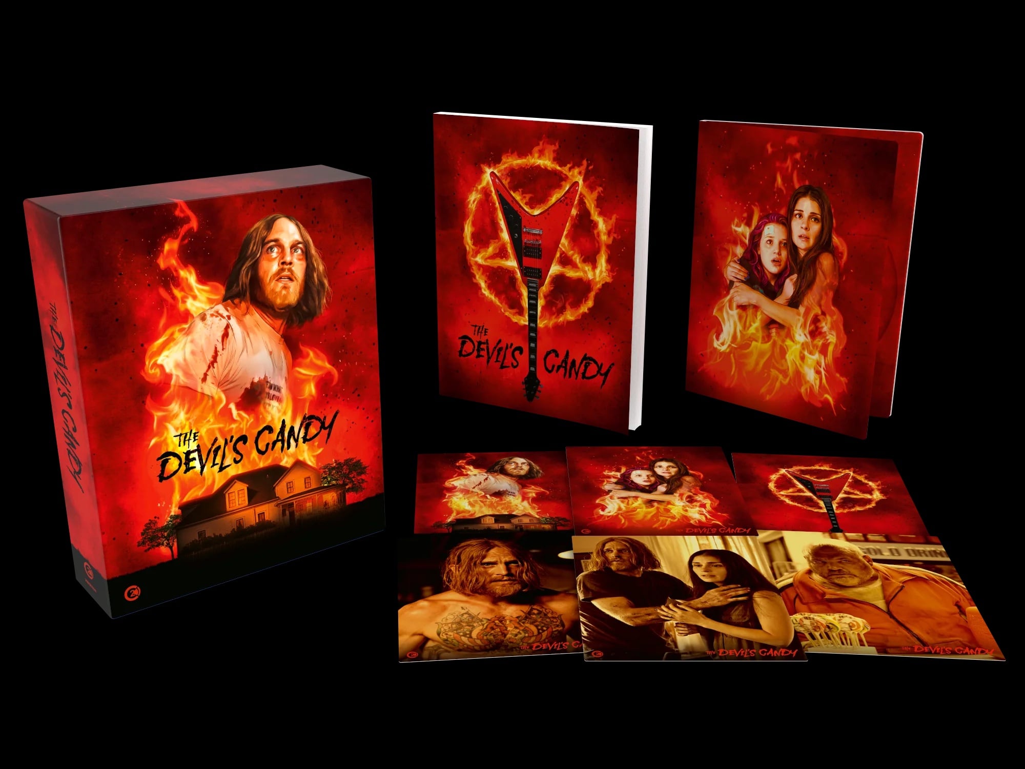 Box set for "The Devil's Candy" featuring illustrated packaging, a booklet, and six collectible cards with movie stills, all against a black background.