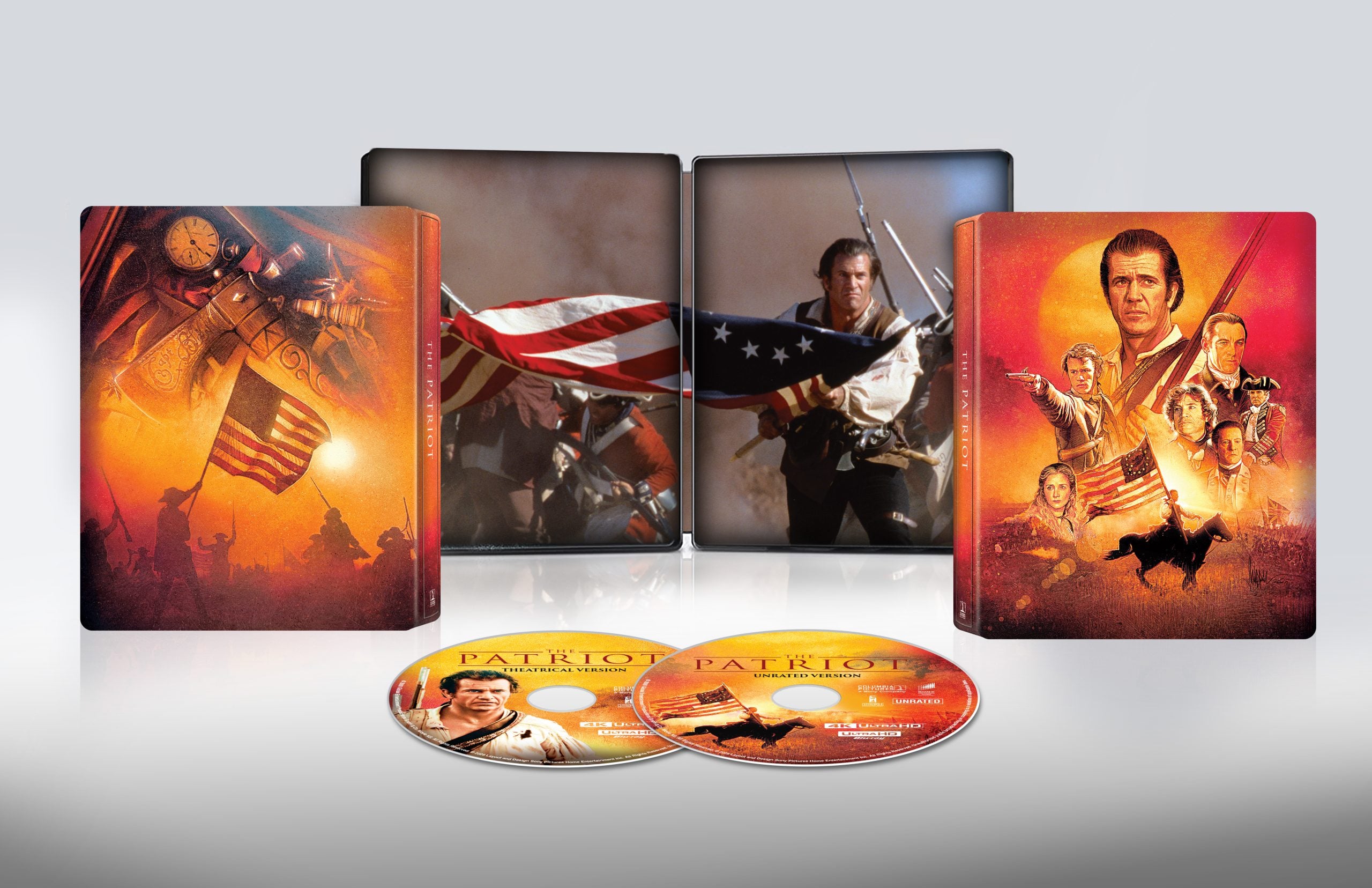 A limited edition steelbook set of "The Patriot" features illustrated covers, two open cases with movie scenes, and two DVDs displayed in front.