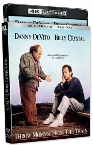 Blu-ray and 4K Ultra HD case for the film "Throw Momma from the Train," featuring Danny DeVito and Billy Crystal on the cover.