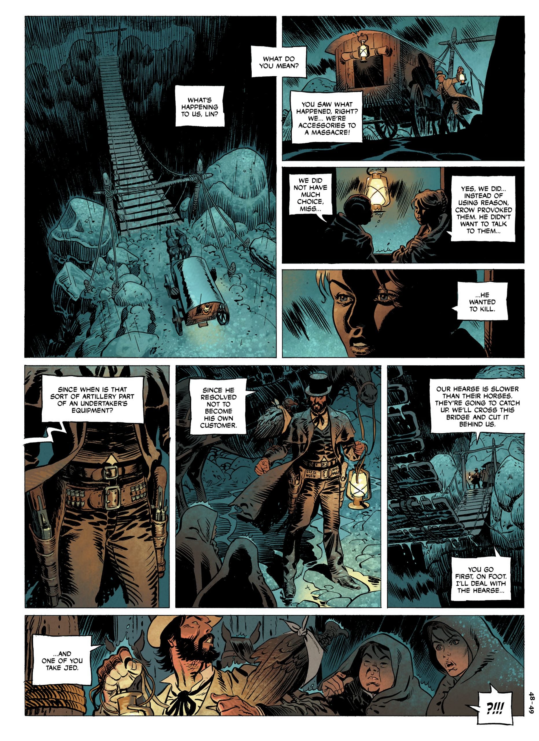 A group of people in a dimly lit underground cave listen to a man with a lantern as he interrogates them, while a body lies in the foreground and a wooden bridge hangs above.