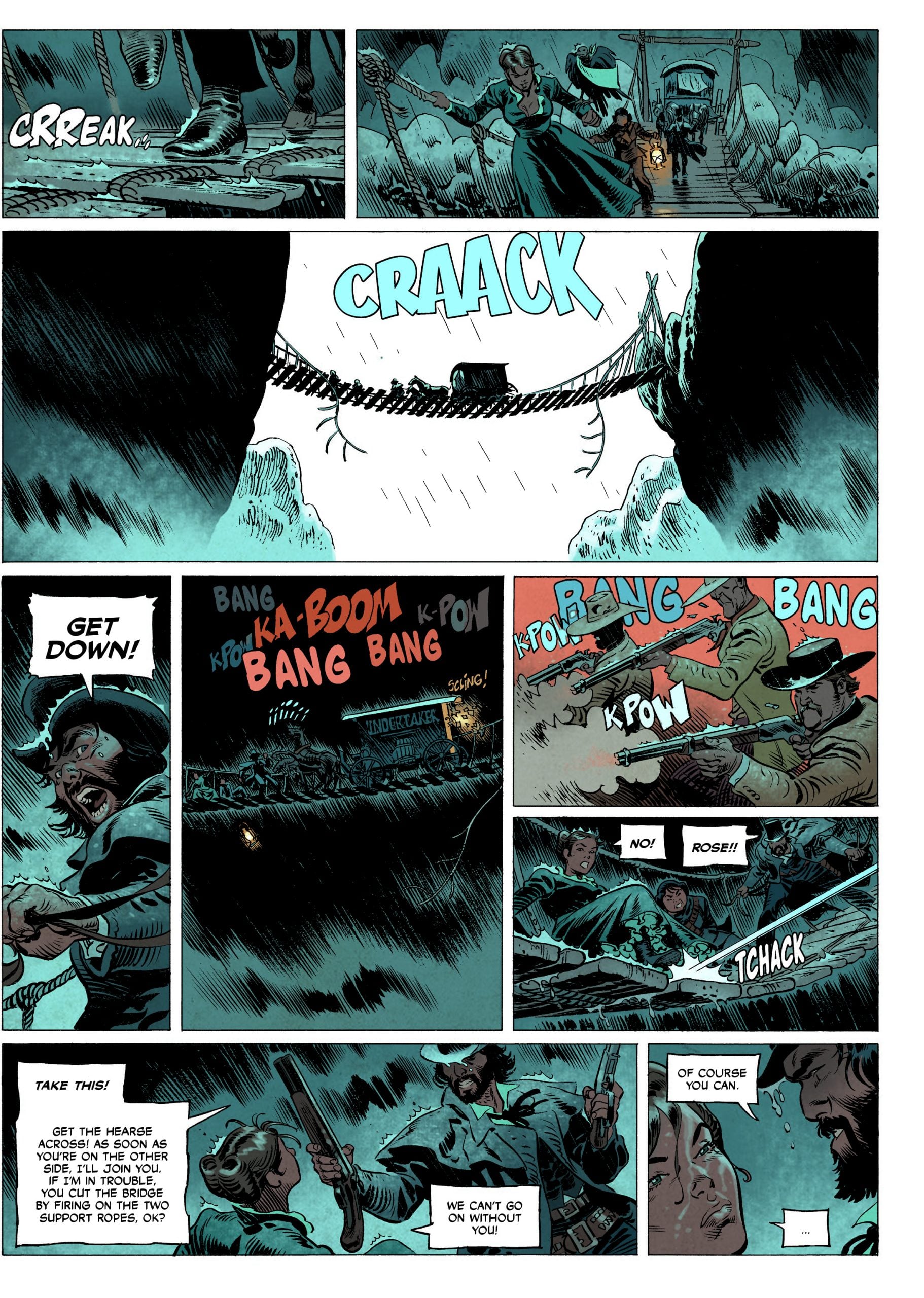 A rope bridge snaps as people cross; gunfire erupts between opposite cliffs amid chaos, with characters shouting and taking cover under dark, stormy skies.